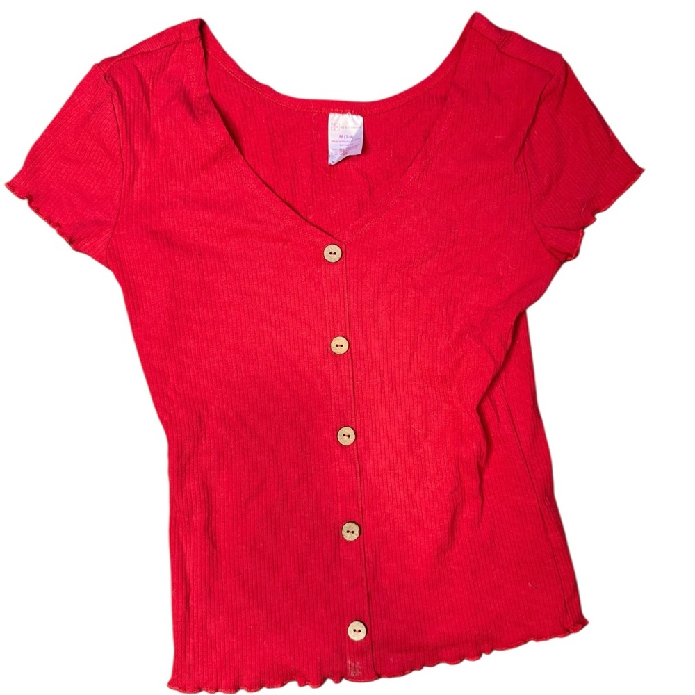 No Boundaries Red Cap Sleeve Fitted Button Down Shirt